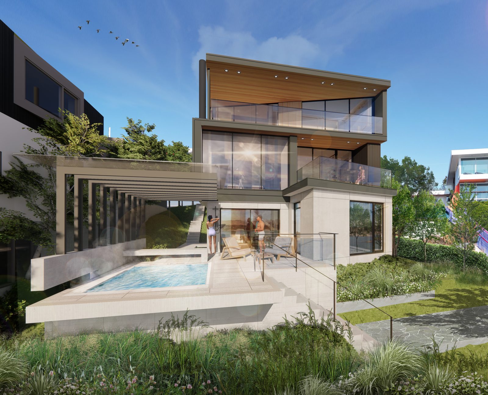 Water's Edge — exterior view showing pool deck and three-level oceanfront home