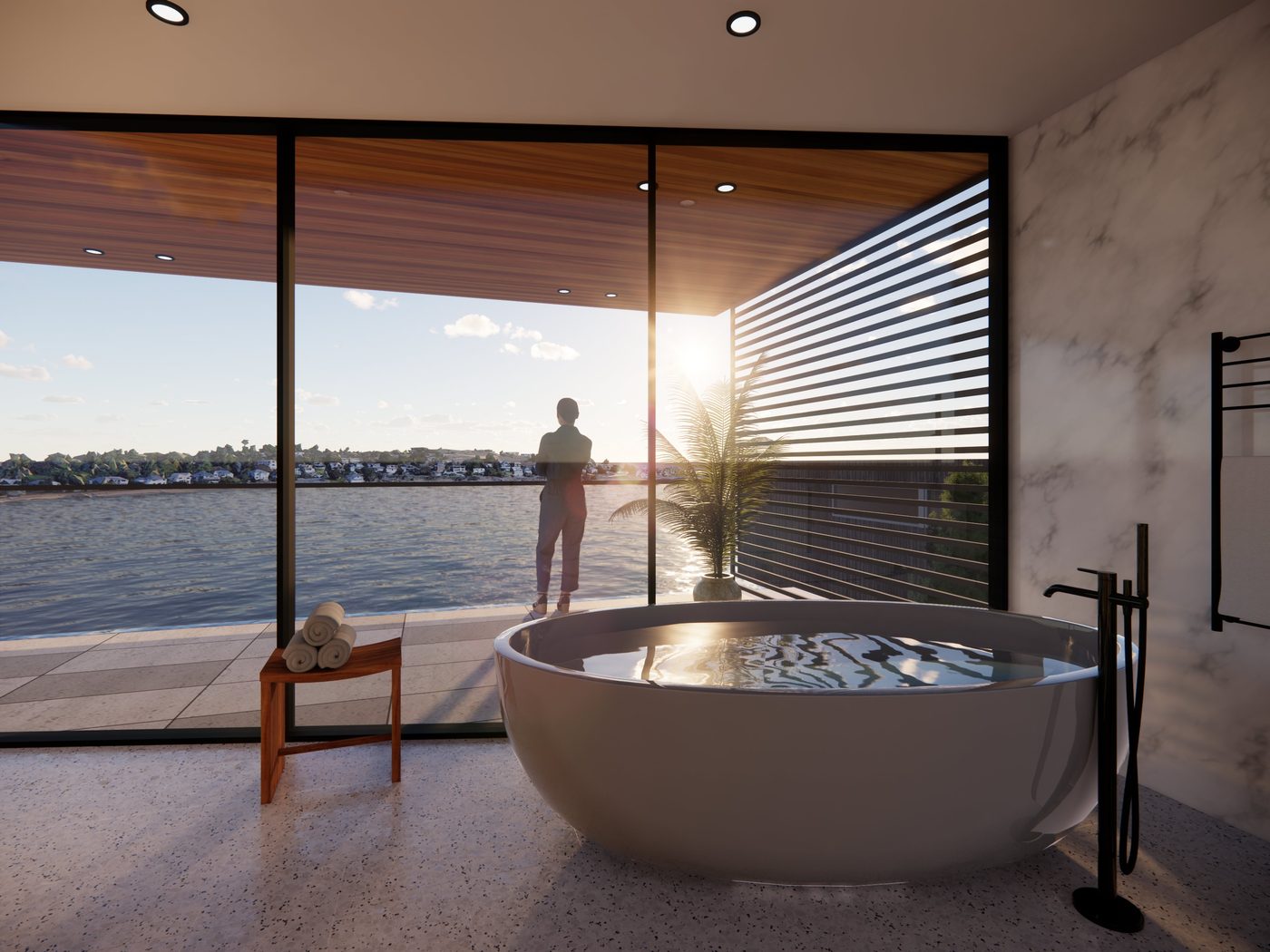 Water's Edge — master en-suite with freestanding bath and panoramic ocean view