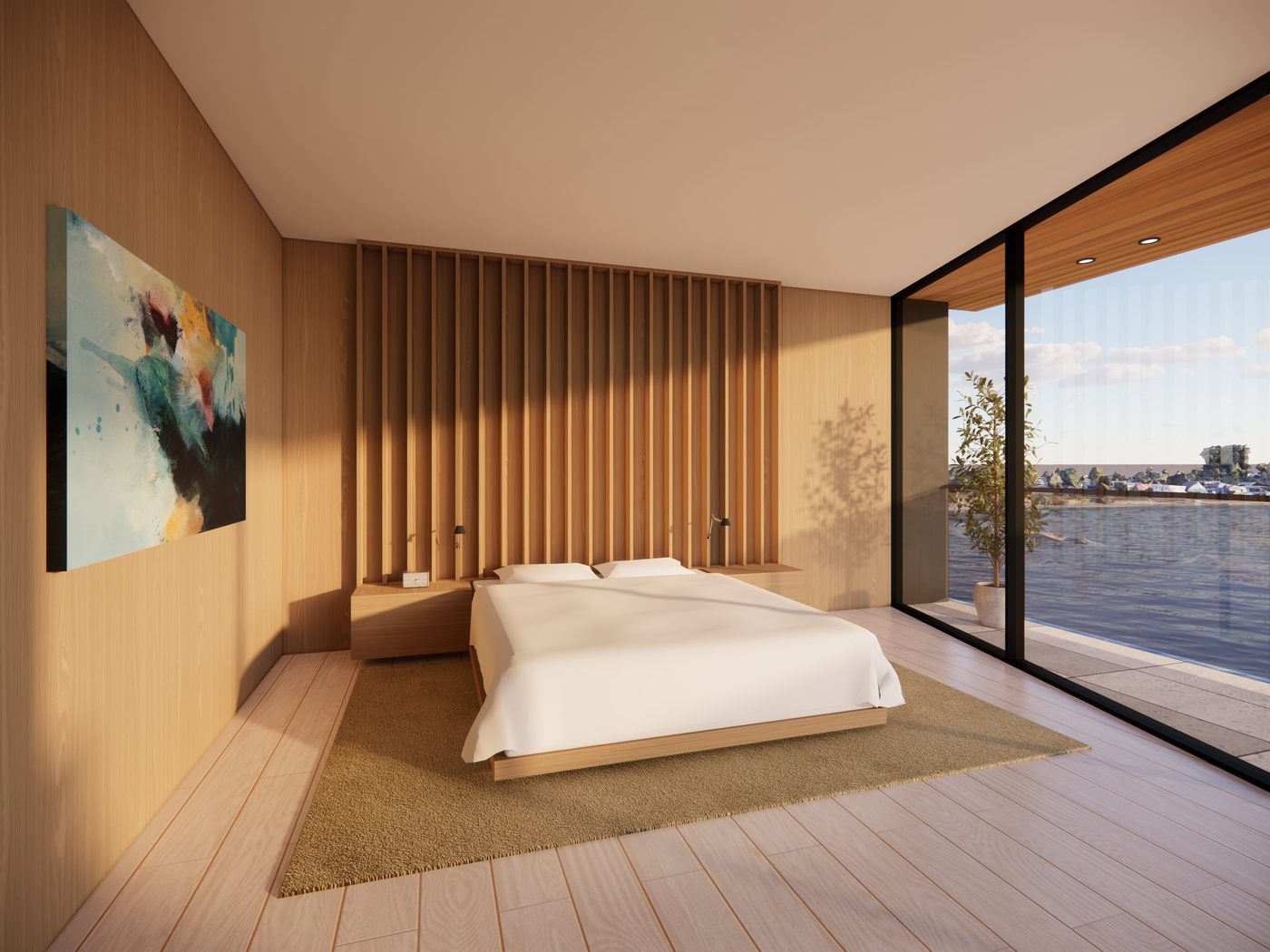 Water's Edge — upper level master suite with floor-to-ceiling ocean view windows