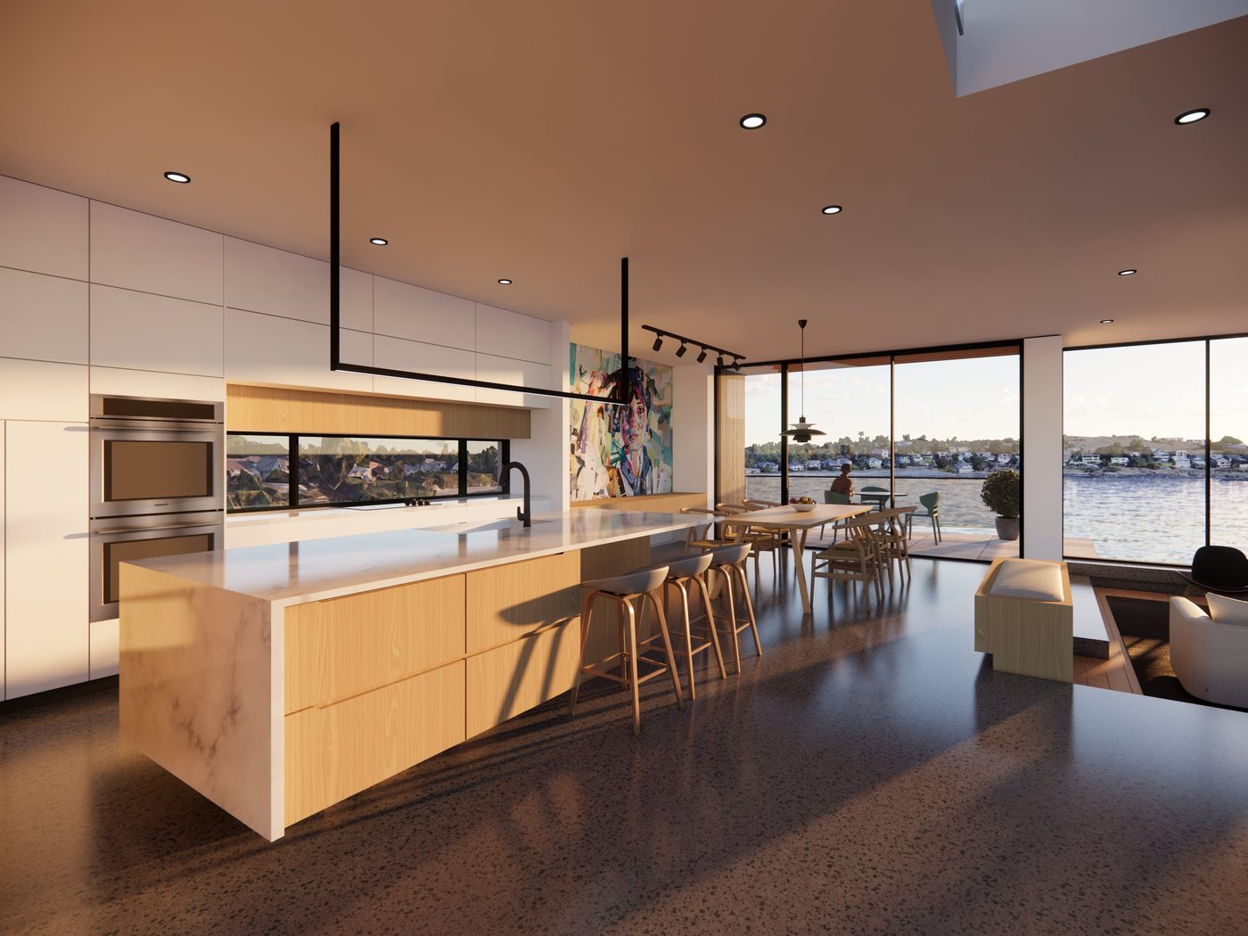 Water's Edge — main level kitchen and dining with ocean views over McNeill Bay